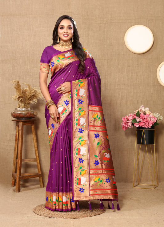 Soft Paithani Silk Saree with Meenakari Weaving Design.