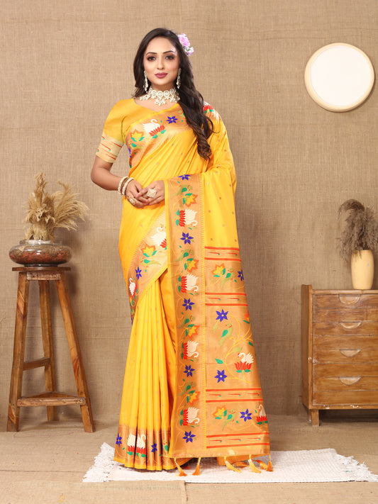 Soft Paithani Silk Saree with Meenakari Weaving Design.