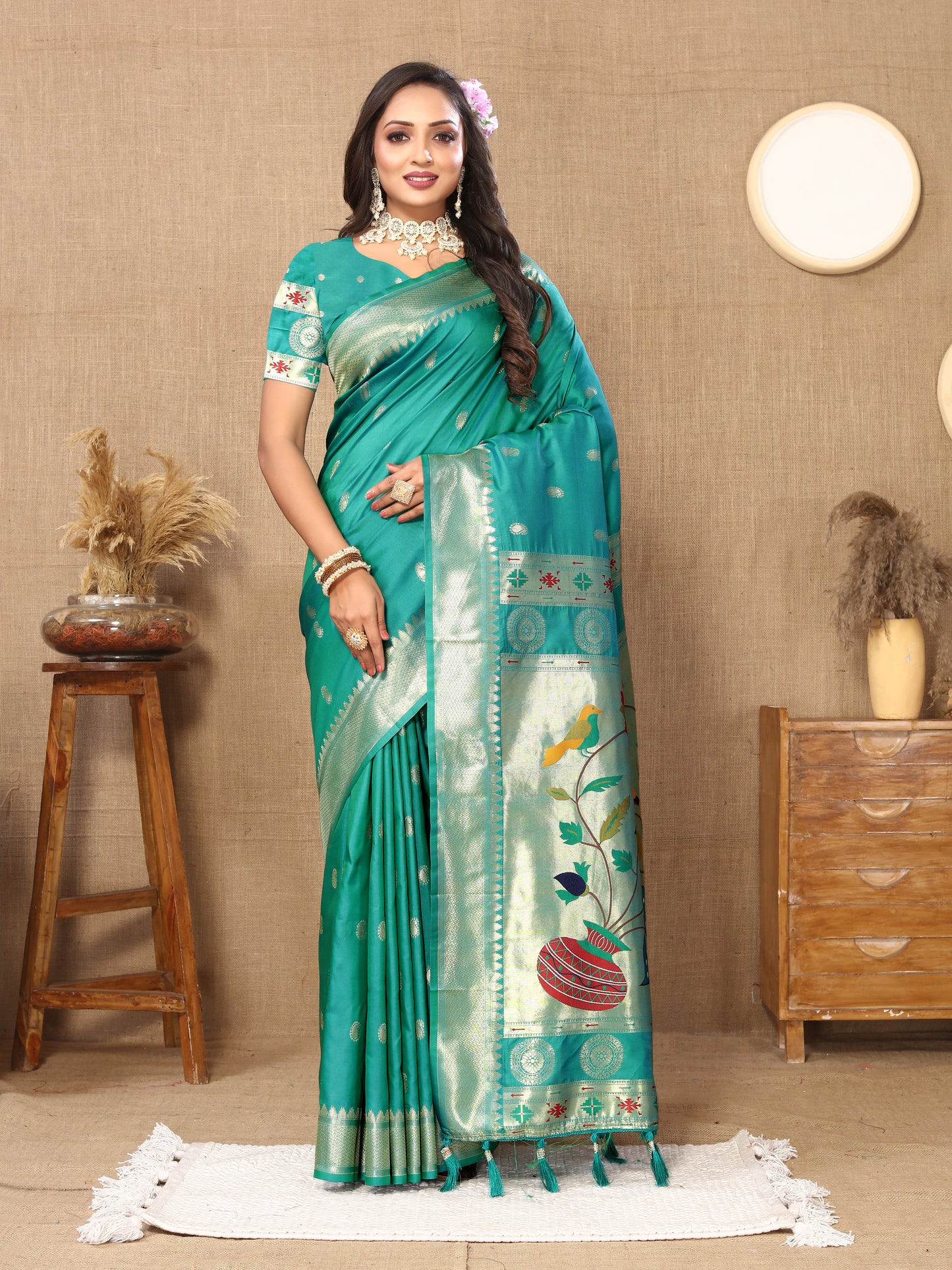 Soft Paithani Silk Saree with Zari Weaving Design.