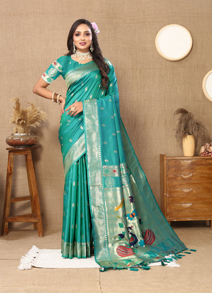 Soft Paithani Silk Saree with Zari Weaving Design.