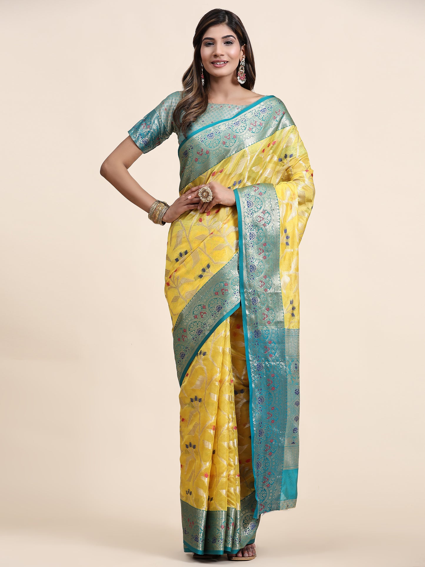 Soft Organza Silk saree with Meenakari  weawing design  and Rich Zari weawing Pallu with  zari weawing  border