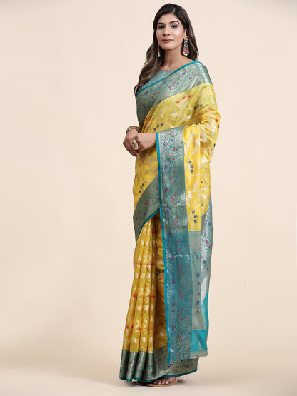 Soft Organza Silk saree with Meenakari  weawing design  and Rich Zari weawing Pallu with  zari weawing  border